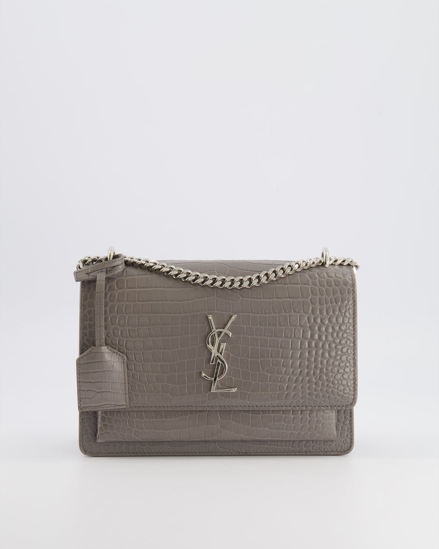 Saint Laurent Grey Crocodile Embossed Leather Sunset Bag with Silver Hardware RRP £2,230