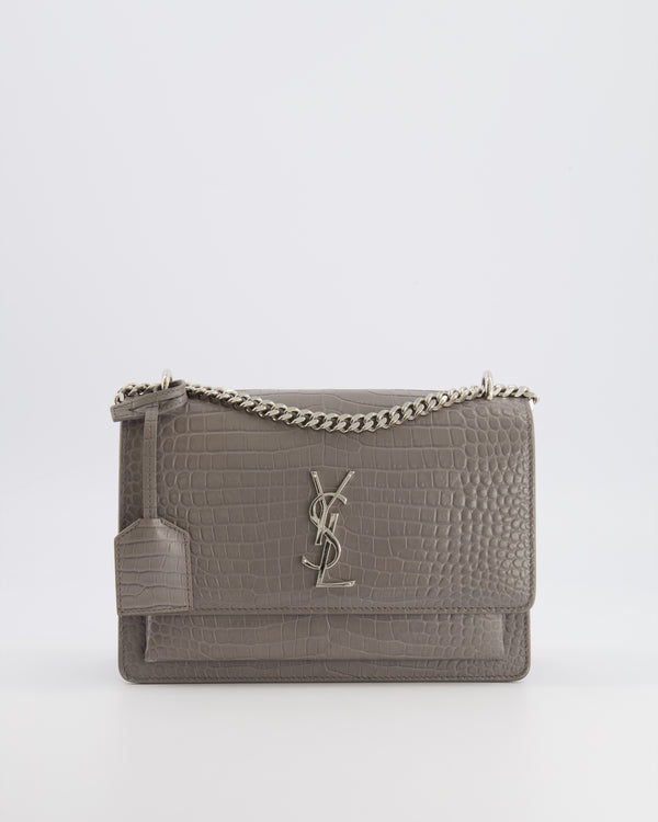Saint Laurent Grey Crocodile Embossed Leather Sunset Bag with Silver Hardware RRP £2,230