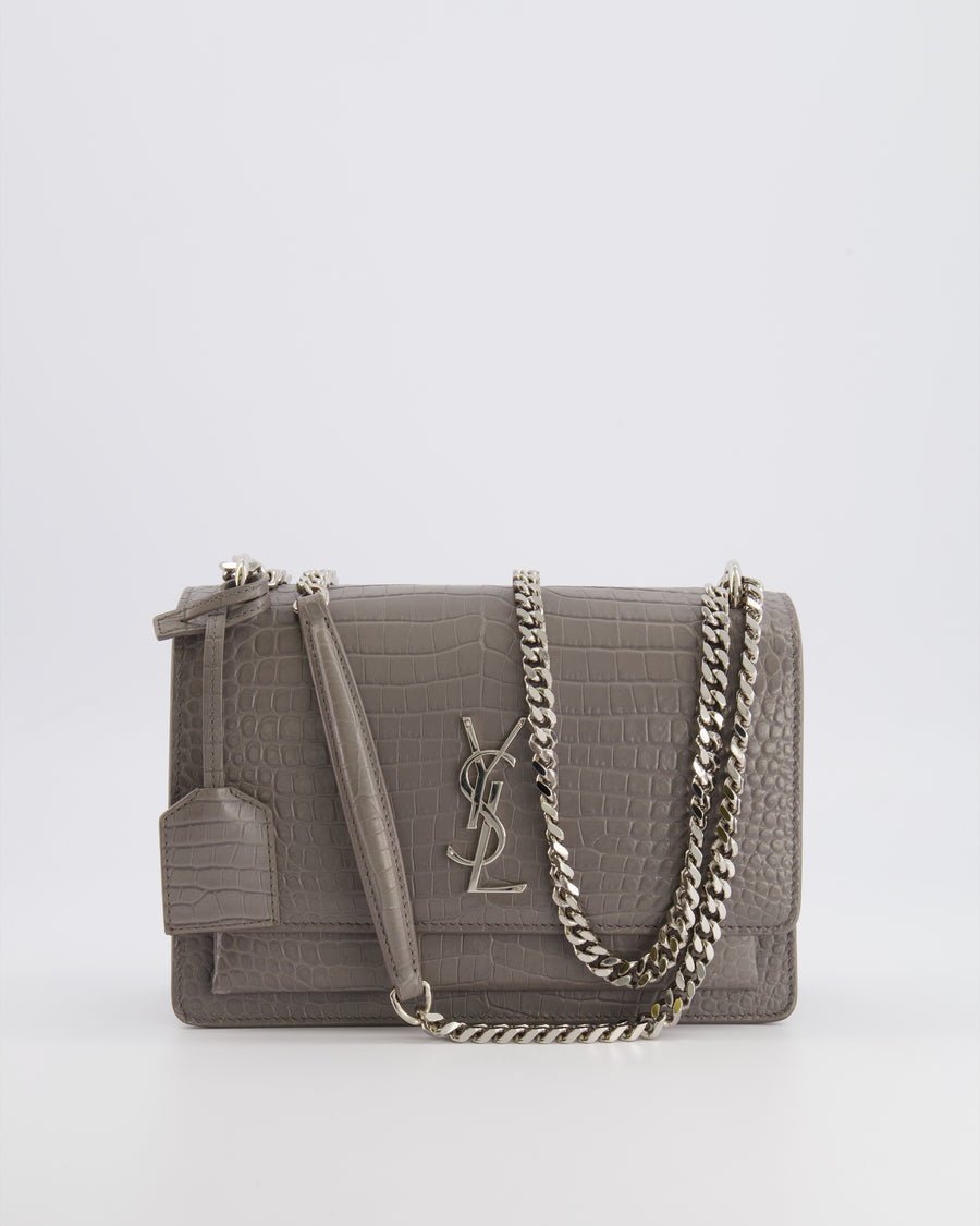 Saint Laurent Grey Crocodile Embossed Leather Sunset Bag with Silver Hardware RRP £2,230