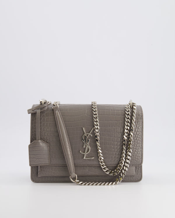 Saint Laurent Grey Crocodile Embossed Leather Sunset Bag with Silver Hardware RRP £2,230