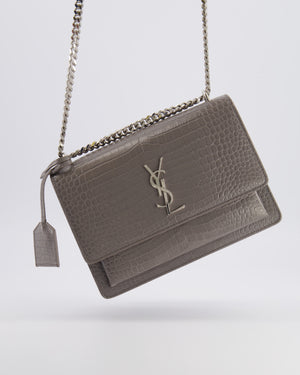 Saint Laurent Grey Crocodile Embossed Leather Sunset Bag with Silver Hardware RRP £2,230