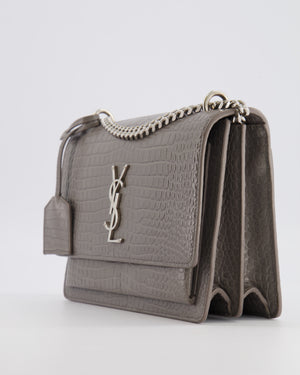 Saint Laurent Grey Crocodile Embossed Leather Sunset Bag with Silver Hardware RRP £2,230