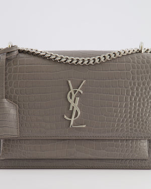 Saint Laurent Grey Crocodile Embossed Leather Sunset Bag with Silver Hardware RRP £2,230