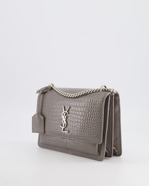 Saint Laurent Grey Crocodile Embossed Leather Sunset Bag with Silver Hardware RRP £2,230