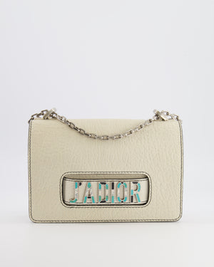 Christian Dior White Pebbled Leather J'Adior Flap Bag with Turquoise and White Logo, Silver Hardware