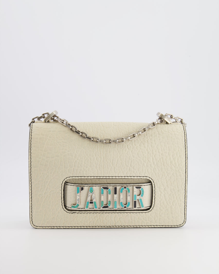 Christian Dior White Pebbled Leather J'Adior Flap Bag with Turquoise and White Logo, Silver Hardware