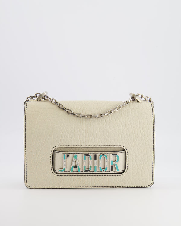 Christian Dior White Pebbled Leather J'Adior Flap Bag with Turquoise and White Logo and Silver Hardware