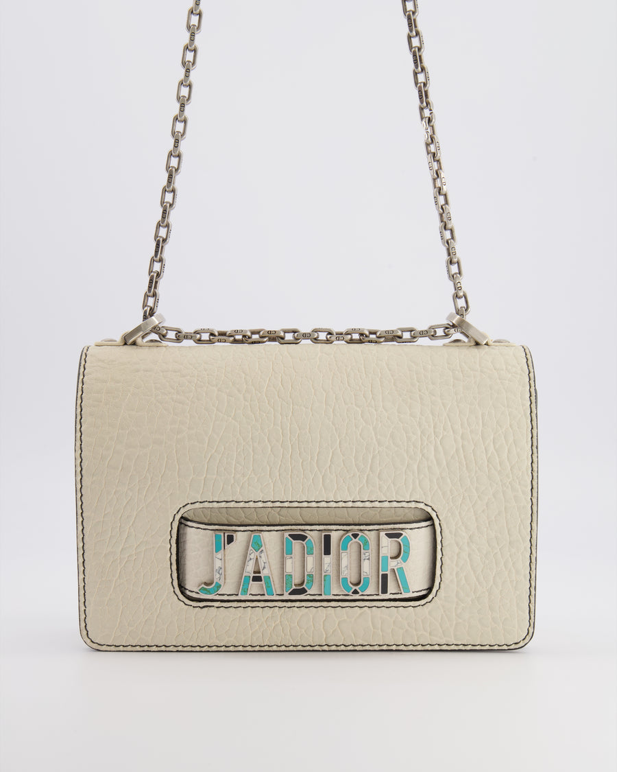 Christian Dior White Pebbled Leather J'Adior Flap Bag with Turquoise and White Logo, Silver Hardware