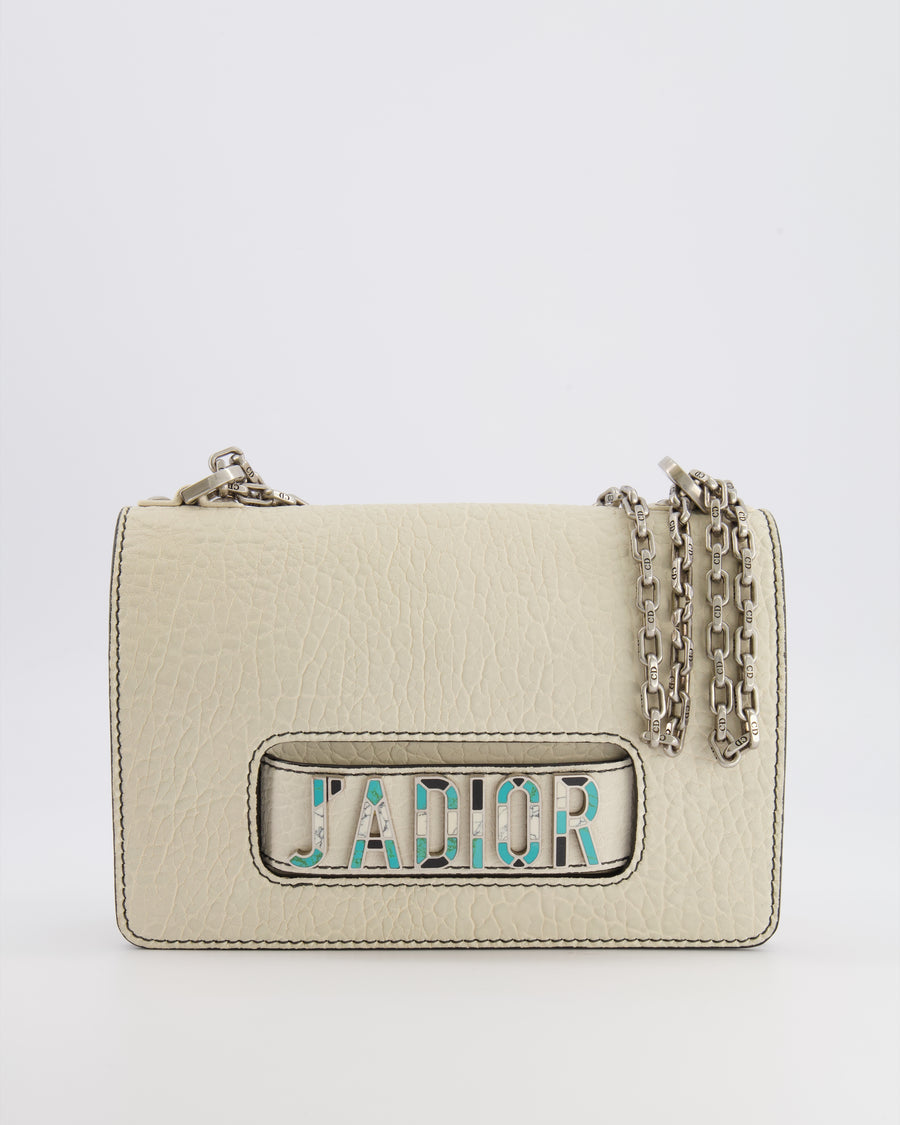 Christian Dior White Pebbled Leather J'Adior Flap Bag with Turquoise and White Logo, Silver Hardware