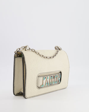 Christian Dior White Pebbled Leather J'Adior Flap Bag with Turquoise and White Logo, Silver Hardware