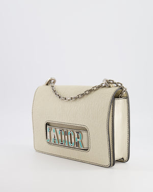 Christian Dior White Pebbled Leather J'Adior Flap Bag with Turquoise and White Logo, Silver Hardware
