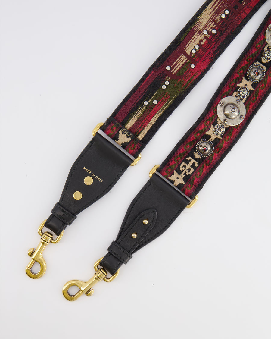 Christian Dior Red, Black and Beige Embroidered Canvas Bag Strap with Silver Studs and Gold Clasps