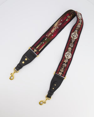 Christian Dior Red, Black and Beige Embroidered Canvas Bag Strap with Silver Studs and Gold Clasps