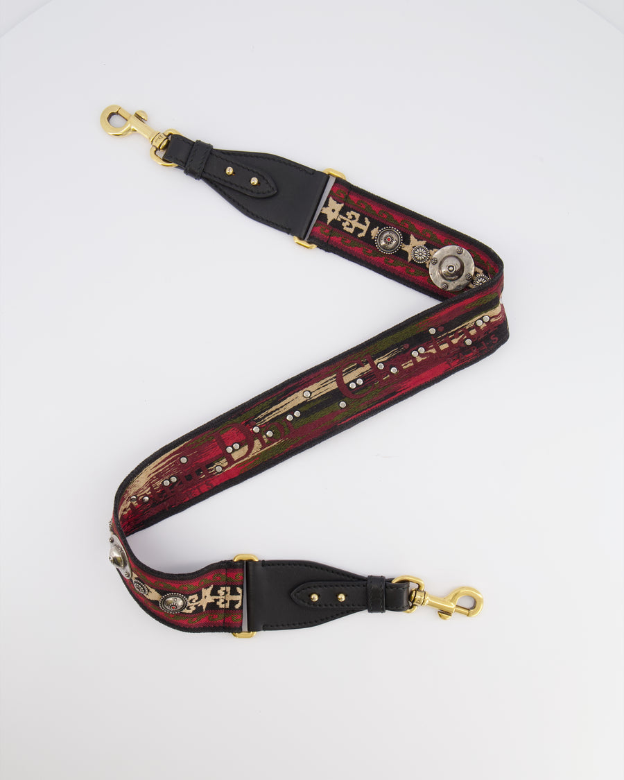 Christian Dior Red, Black and Beige Embroidered Canvas Bag Strap with Silver Studs and Gold Clasps