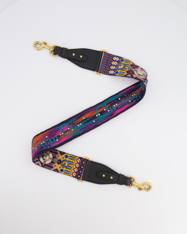 Christian Dior Black and Multi-Colour Embroidered Canvas Bag Strap with Silver Studs and Gold Clasps
