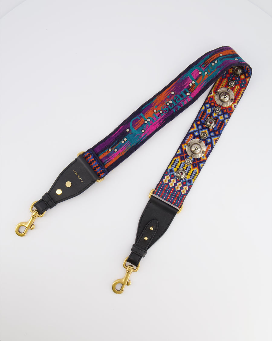 Christian Dior Black and Multi-Colour Embroidered Canvas Bag Strap with Silver Studs and Gold Clasps