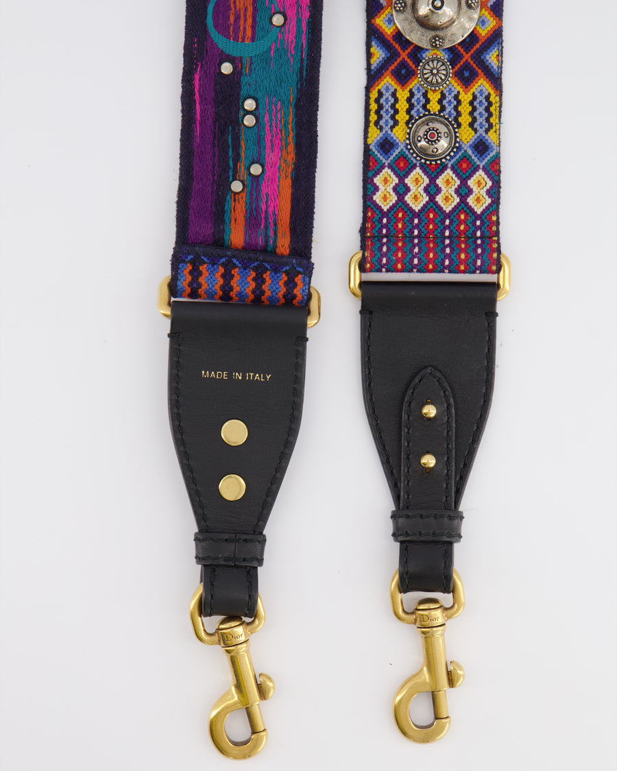 Christian Dior Black and Multi-Colour Embroidered Canvas Bag Strap with Silver Studs and Gold Clasps