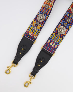 Christian Dior Black and Multi-Colour Embroidered Canvas Bag Strap with Silver Studs and Gold Clasps
