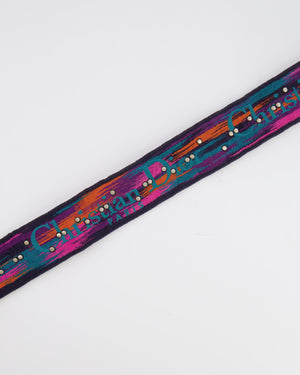 Christian Dior Black and Multi-Colour Embroidered Canvas Bag Strap with Silver Studs and Gold Clasps