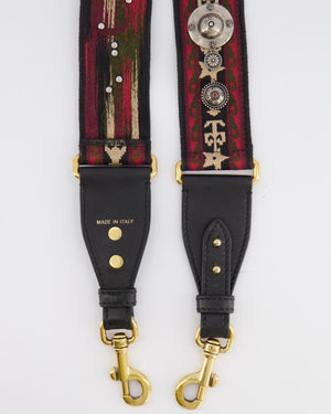 Christian Dior Red, Black and Beige Embroidered Canvas Bag Strap with Silver Studs and Gold Clasps