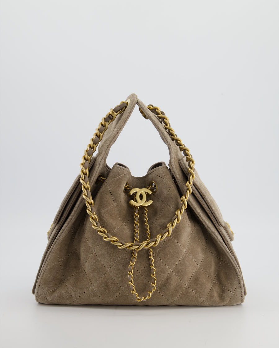 *RARE* Chanel Suede Taupe Small 25 Handbag with Antique Gold Hardware