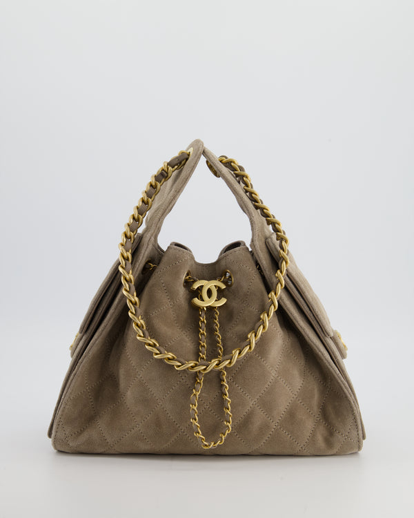 *RARE* Chanel Suede Taupe Small 25 Handbag with Antique Gold Hardware