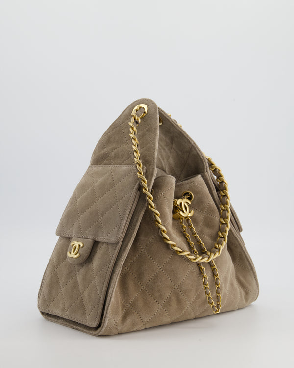 *RARE* Chanel Suede Taupe Small 25 Handbag with Antique Gold Hardware