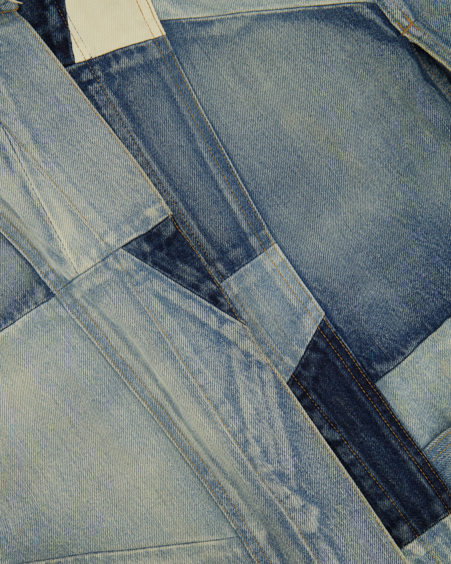 Saint Laurent Blue Denim Patchwork Sleeveless Jacket with Frayed Hem Detail Size XS (UK 6)