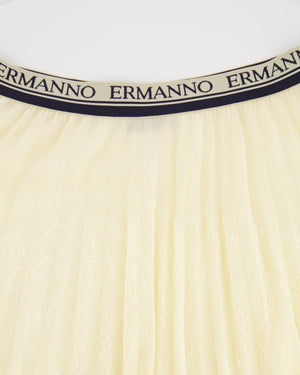 Ermanno Scervino Cream Pleated Maxi Skirt with Lace Details and Navy Logo Waistband Size IT 44 (UK 12)