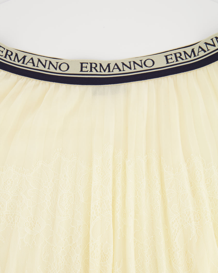 Ermanno Scervino Cream Pleated Maxi Skirt with Lace Details and Navy Logo Waistband Size IT 44 (UK 12)