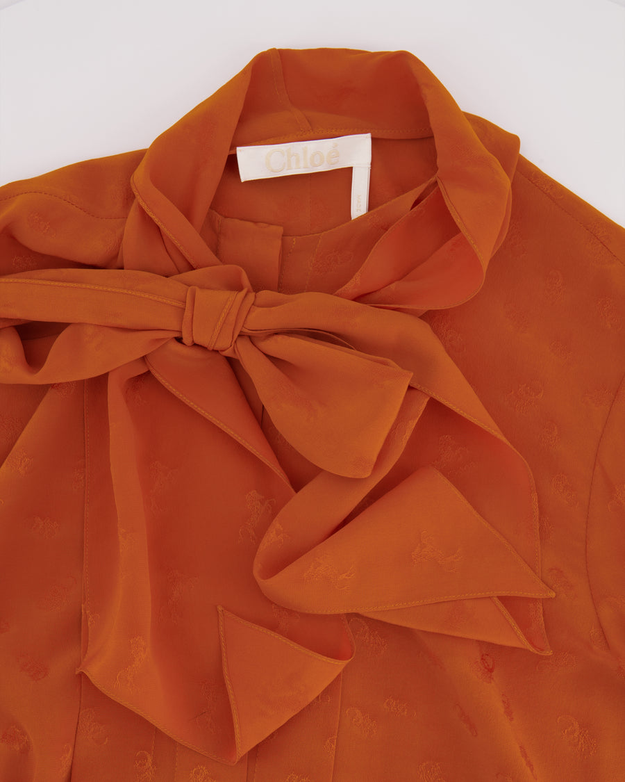 Chloe Orange Silk Printed Shirt with Neck-Tie Detail Size FR 34 (UK 6)