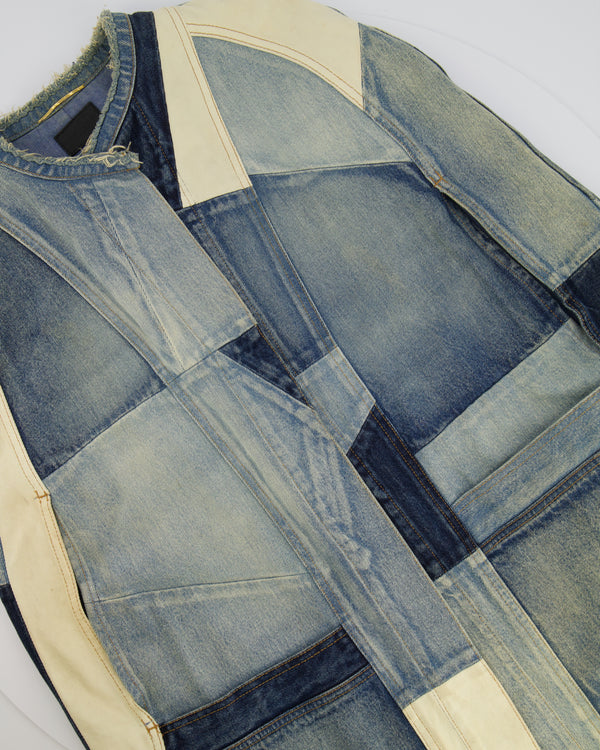 Saint Laurent Blue Denim Patchwork Sleeveless Jacket with Frayed Hem Detail Size XS (UK 6)