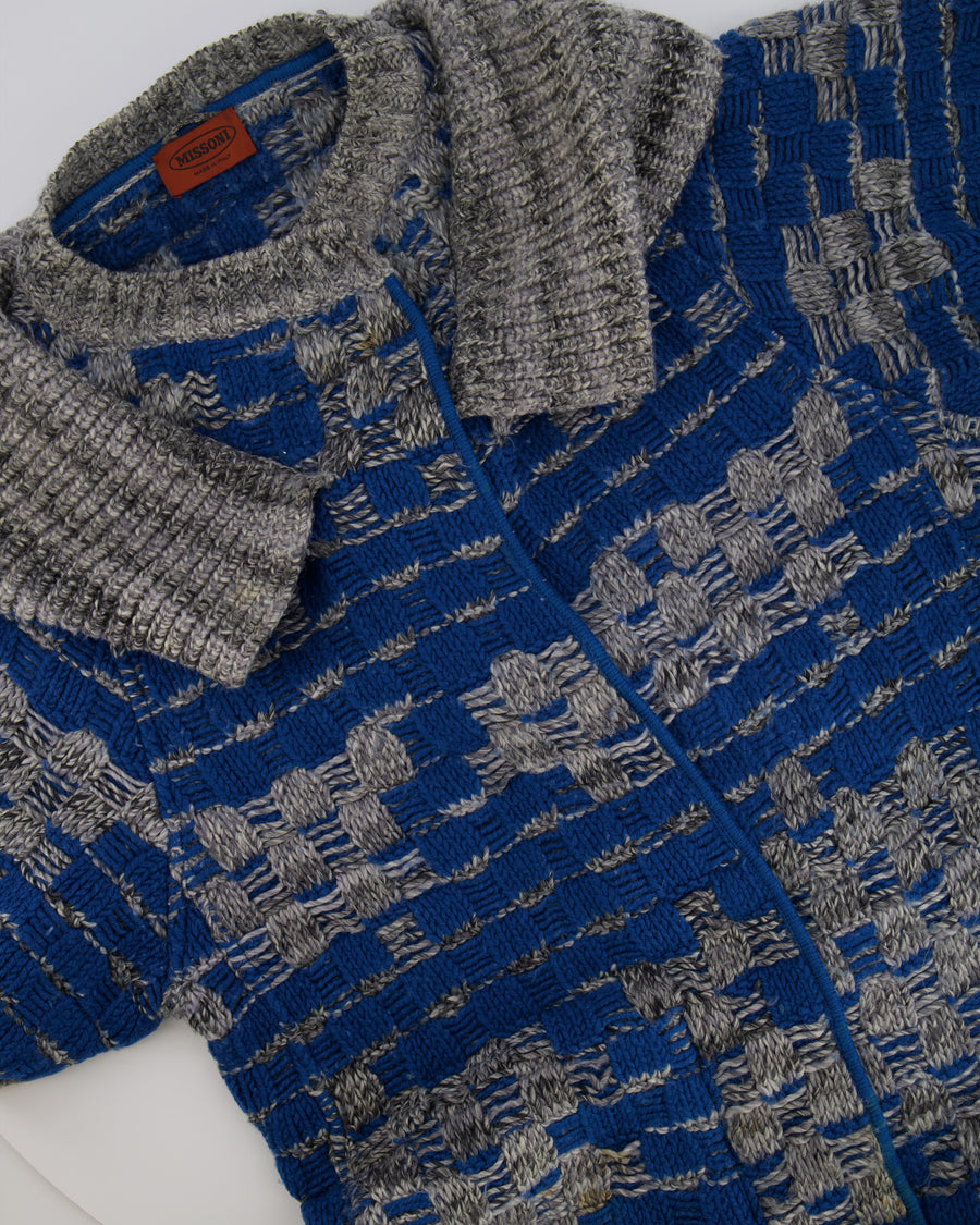 Missoni Blue and Grey Wool Long Knitted Short Sleeved Cardigan Size IT 42 (UK 10)