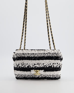 *HOT* Chanel Black and White Stripe Sequin Coco Mark Single Flap Bag with Champagne Gold Hardware
