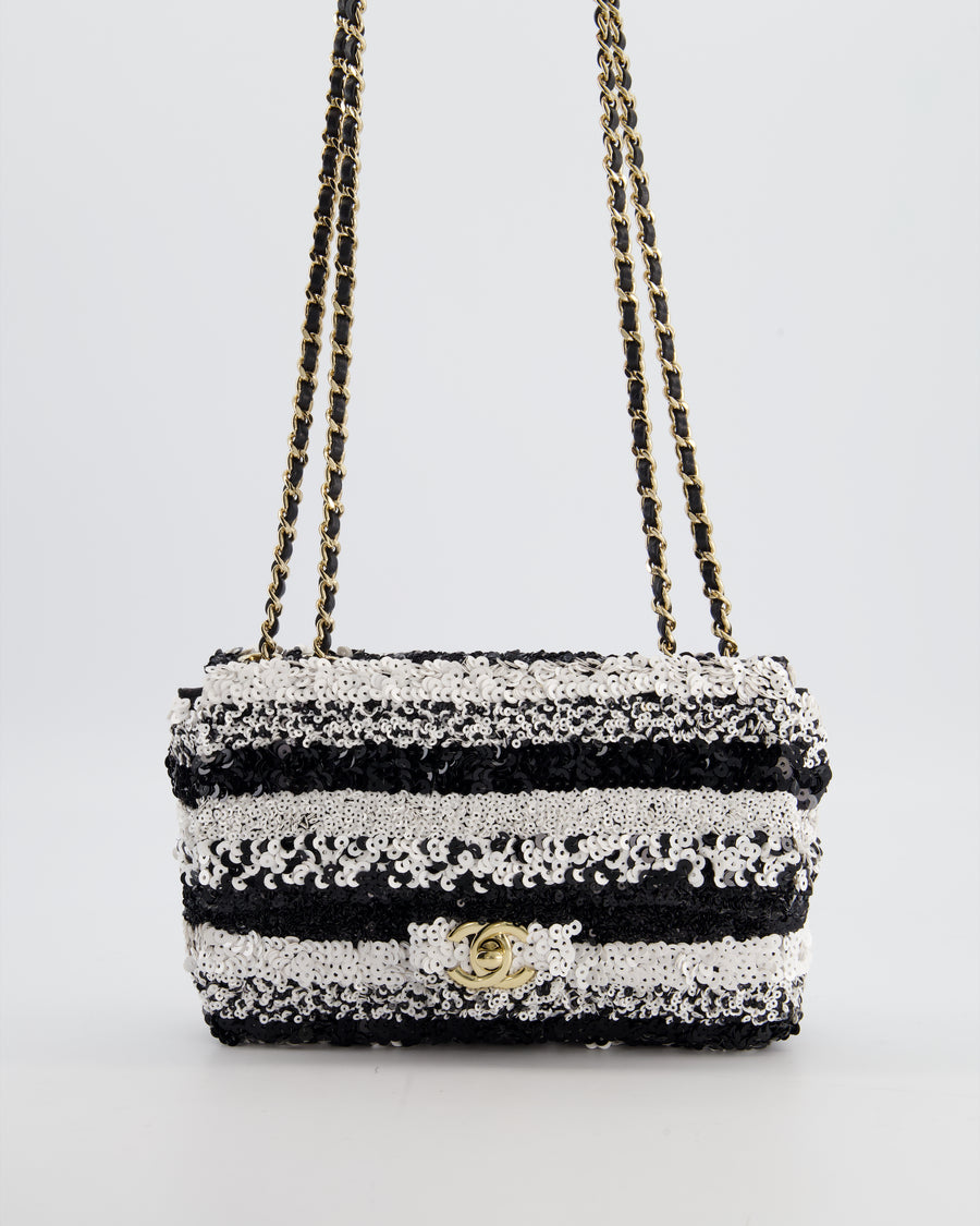 *HOT* Chanel Black and White Stripe Sequin Coco Mark Single Flap Bag with Champagne Gold Hardware