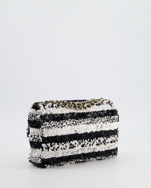 *HOT* Chanel Black and White Stripe Sequin Coco Mark Single Flap Bag with Champagne Gold Hardware
