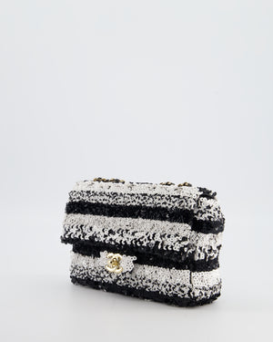 *HOT* Chanel Black and White Stripe Sequin Coco Mark Single Flap Bag with Champagne Gold Hardware