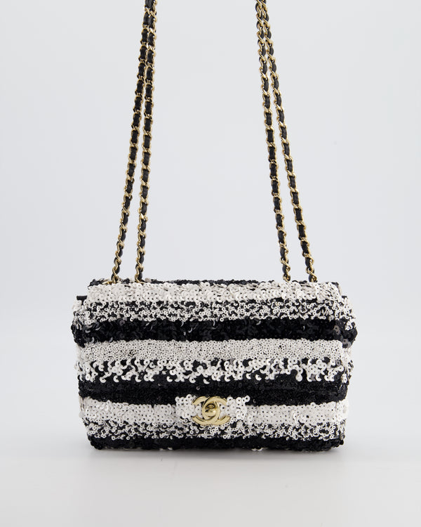 *HOT* Chanel Black and White Stripe Sequin Coco Mark Single Flap Bag with Champagne Gold Hardware