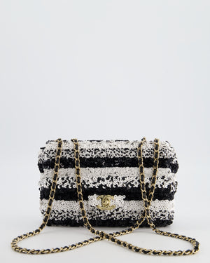 *HOT* Chanel Black and White Stripe Sequin Coco Mark Single Flap Bag with Champagne Gold Hardware