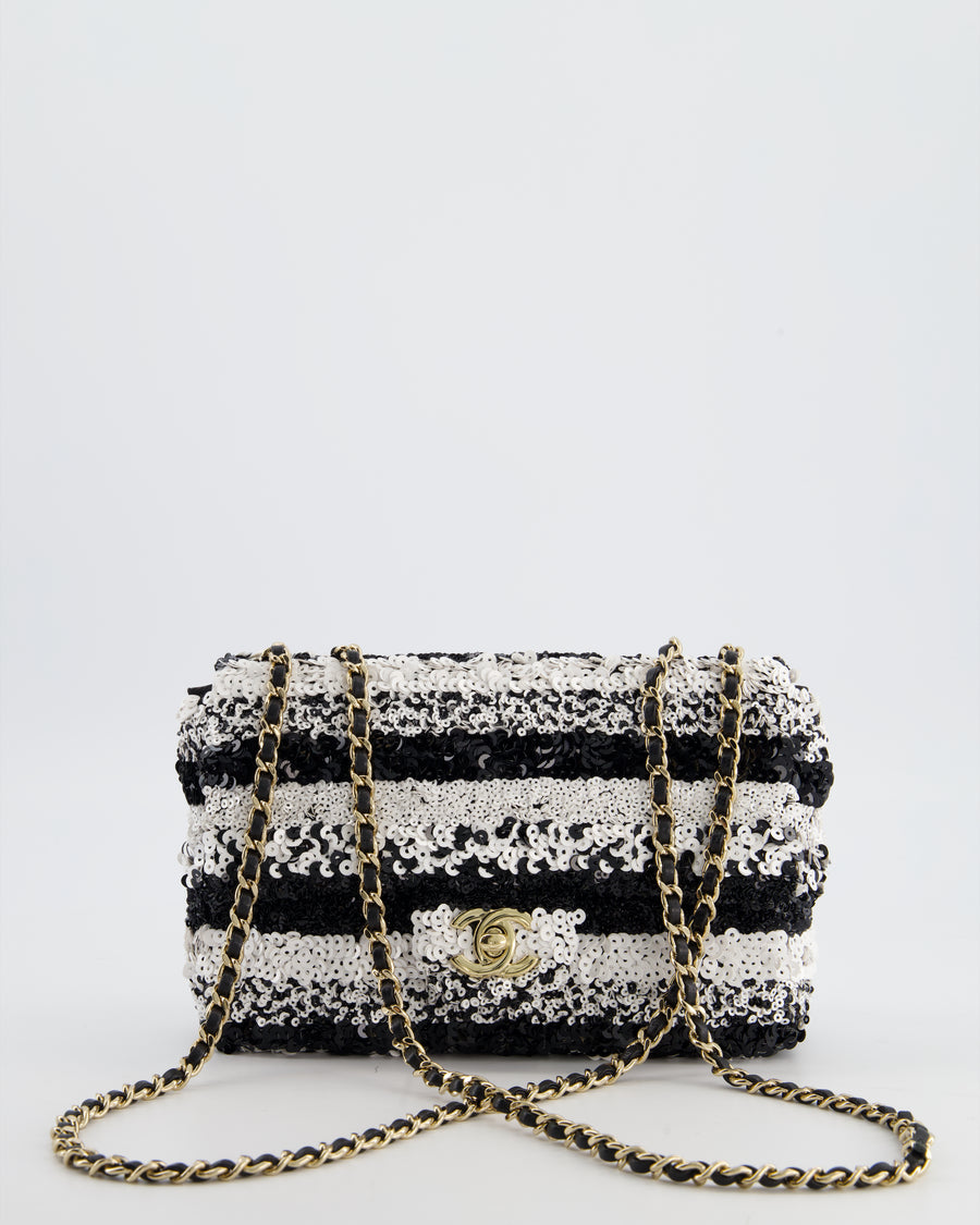 *HOT* Chanel Black and White Stripe Sequin Coco Mark Single Flap Bag with Champagne Gold Hardware