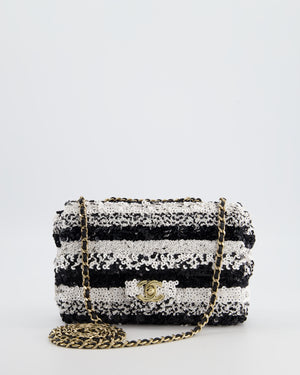 *HOT* Chanel Black and White Stripe Sequin Coco Mark Single Flap Bag with Champagne Gold Hardware