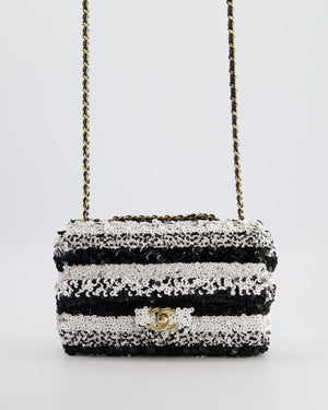 *HOT* Chanel Black and White Stripe Sequin Coco Mark Single Flap Bag with Champagne Gold Hardware