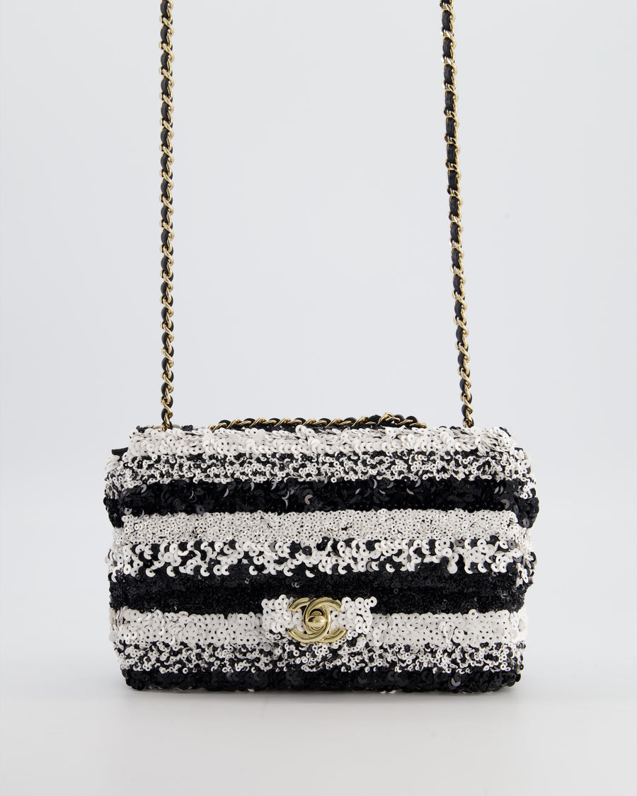 *HOT* Chanel Black and White Stripe Sequin Coco Mark Single Flap Bag with Champagne Gold Hardware