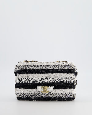 *HOT* Chanel Black and White Stripe Sequin Coco Mark Single Flap Bag with Champagne Gold Hardware