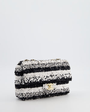 *HOT* Chanel Black and White Stripe Sequin Coco Mark Single Flap Bag with Champagne Gold Hardware