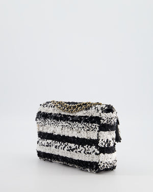 *HOT* Chanel Black and White Stripe Sequin Coco Mark Single Flap Bag with Champagne Gold Hardware