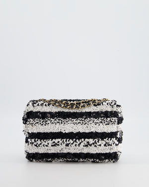 *HOT* Chanel Black and White Stripe Sequin Coco Mark Single Flap Bag with Champagne Gold Hardware