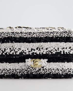 *HOT* Chanel Black and White Stripe Sequin Coco Mark Single Flap Bag with Champagne Gold Hardware