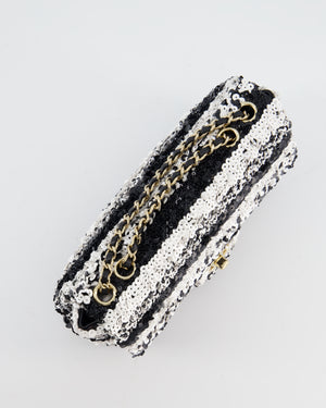 *HOT* Chanel Black and White Stripe Sequin Coco Mark Single Flap Bag with Champagne Gold Hardware
