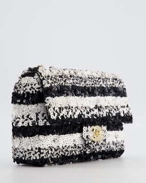 *HOT* Chanel Black and White Stripe Sequin Coco Mark Single Flap Bag with Champagne Gold Hardware